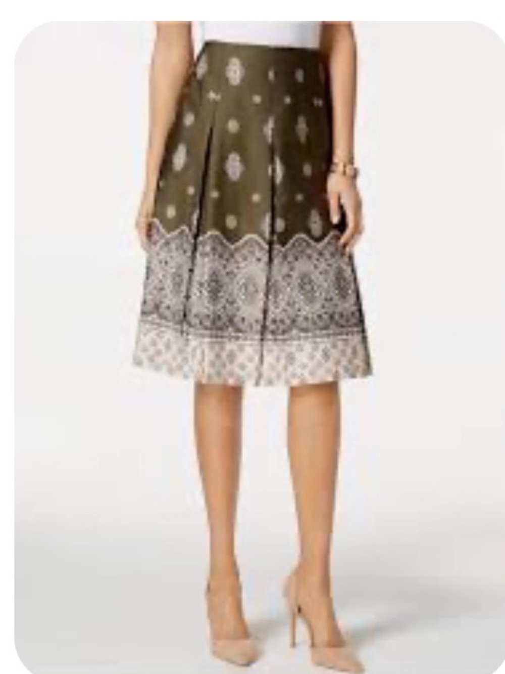 Charter club olive green and cream paisley medallion print pleated cotton skirt